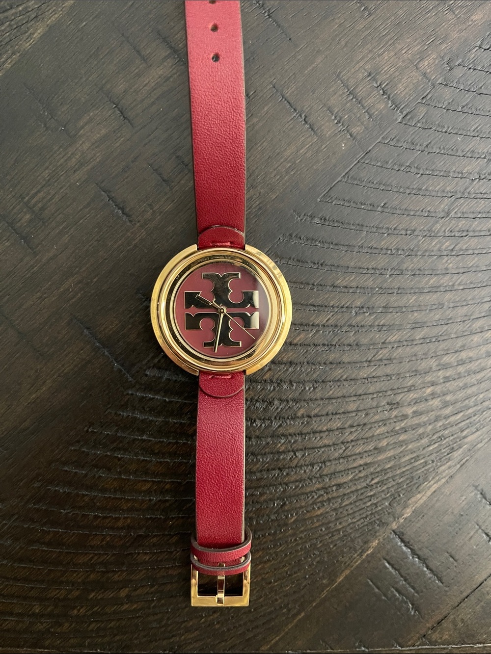 NEW Tory Burch Gold-Tone Watch with Red Leather Strap and Logo Dial
